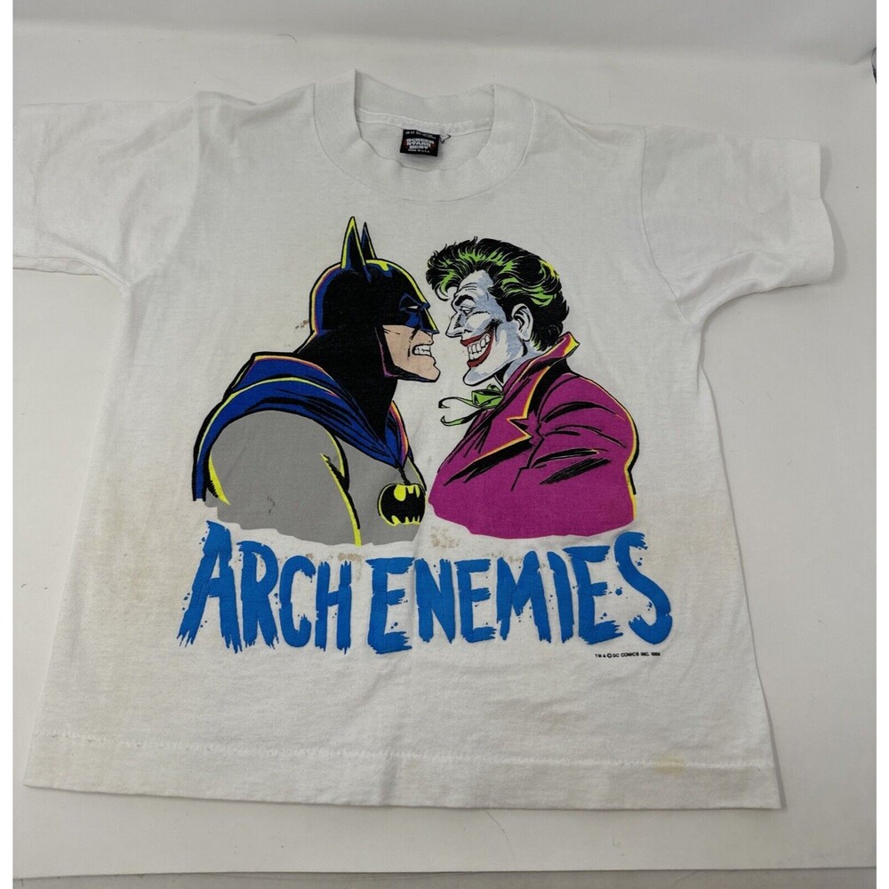 Vintage 1989 Arch Enemies Batman v Joker T Shirt Size 10-12 White DC Comics 80s